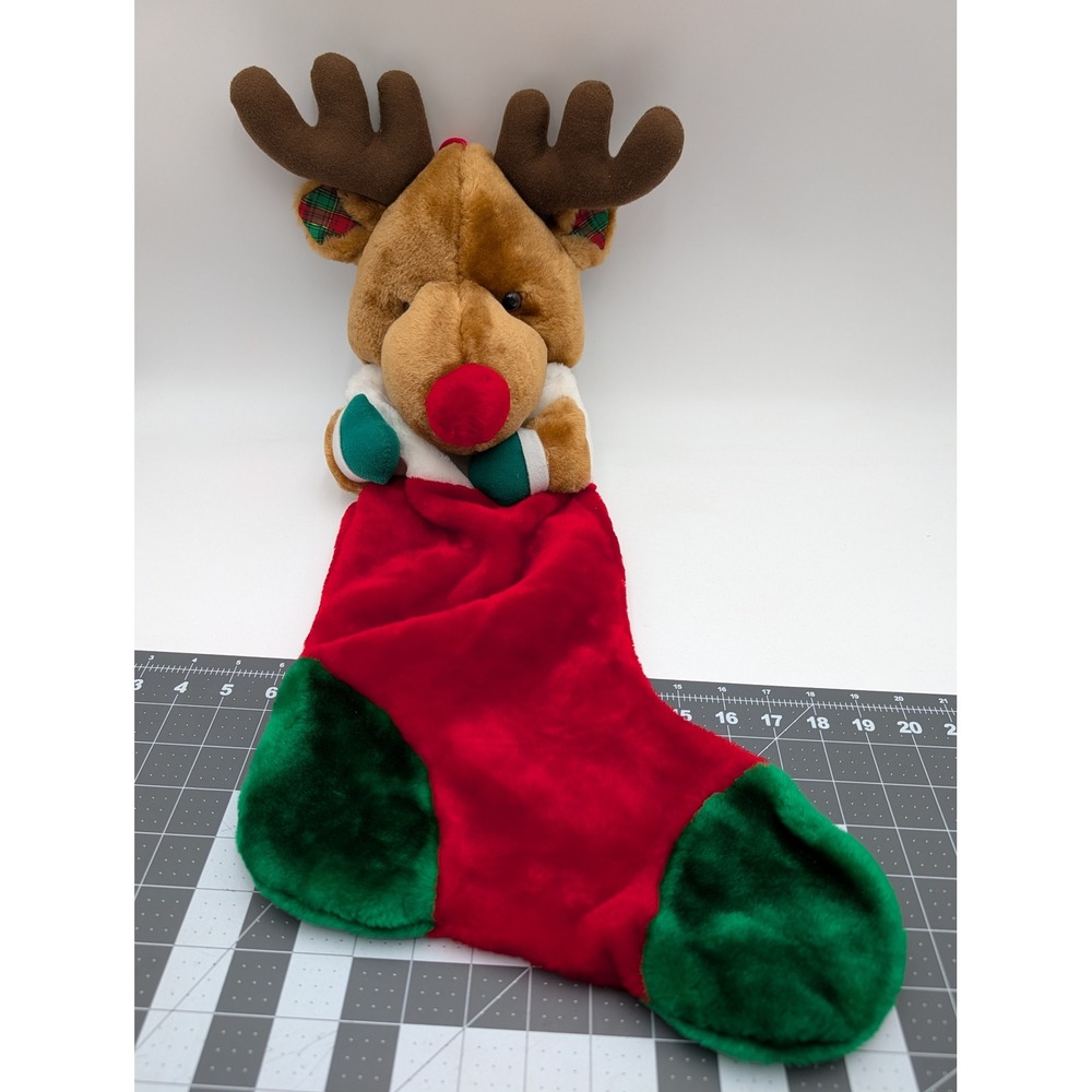Midwestern Home Products Reindeer Christmas Stocking Red Green Plush‎
